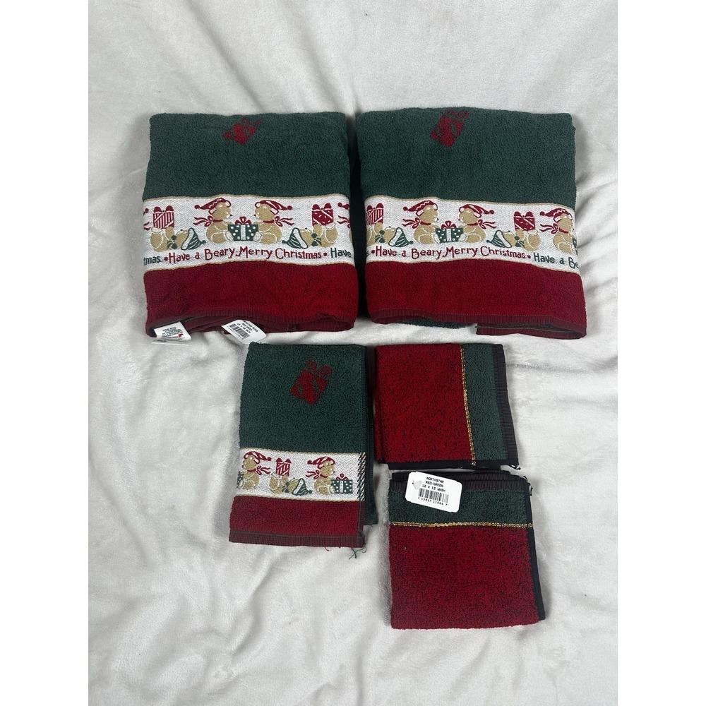 Vintage Christmas Bears Bath Towel Set Santas Best Beary Merry Holiday  5-piece